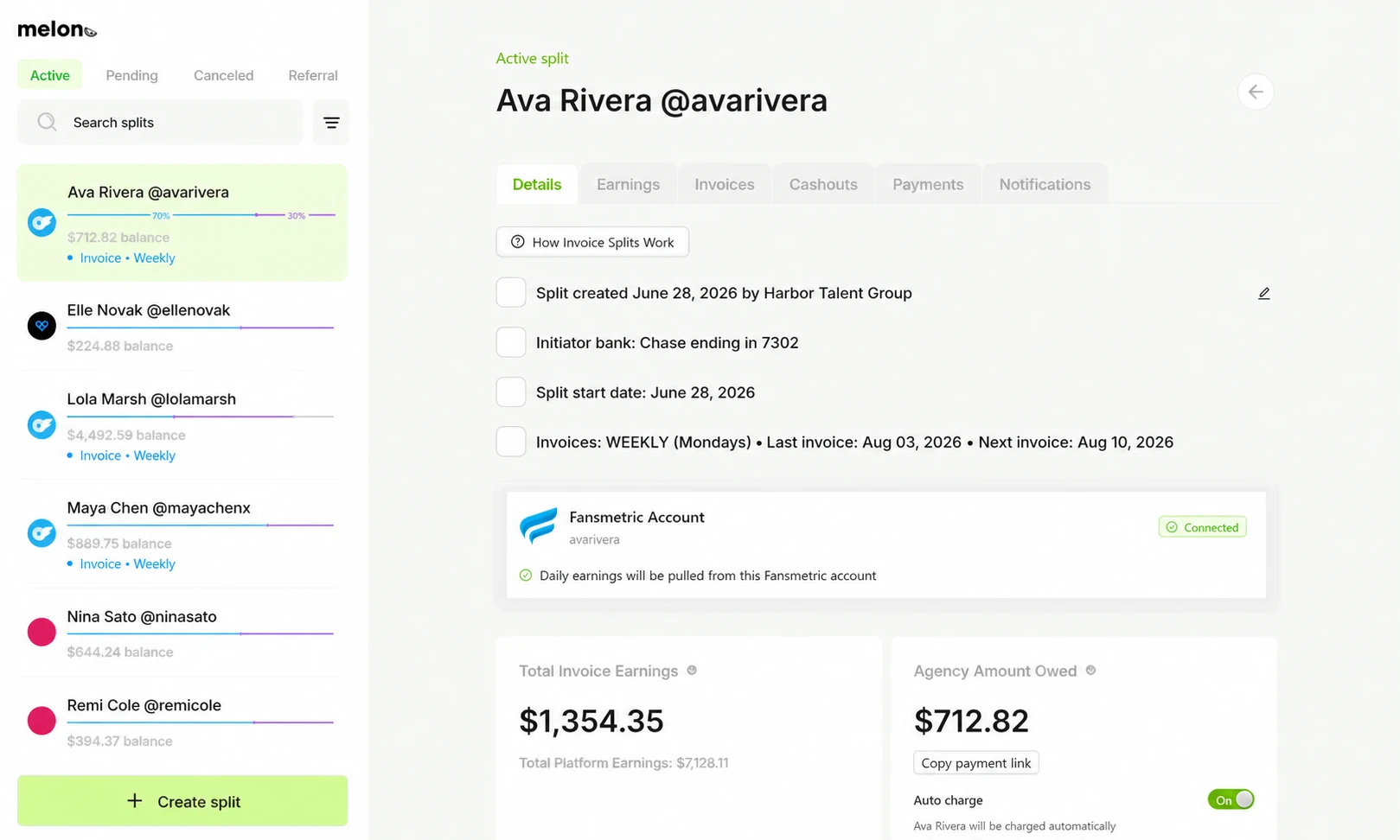 Melon split details dashboard showing a connected account and amount owed