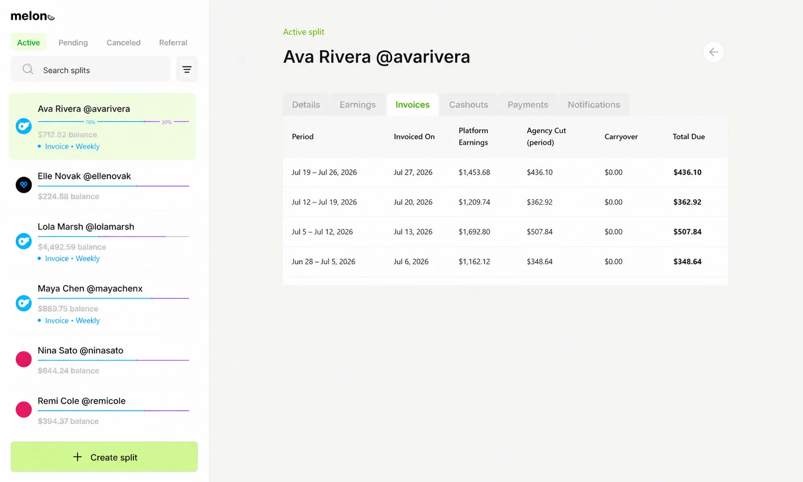 Melon invoice history with billing periods and amounts due