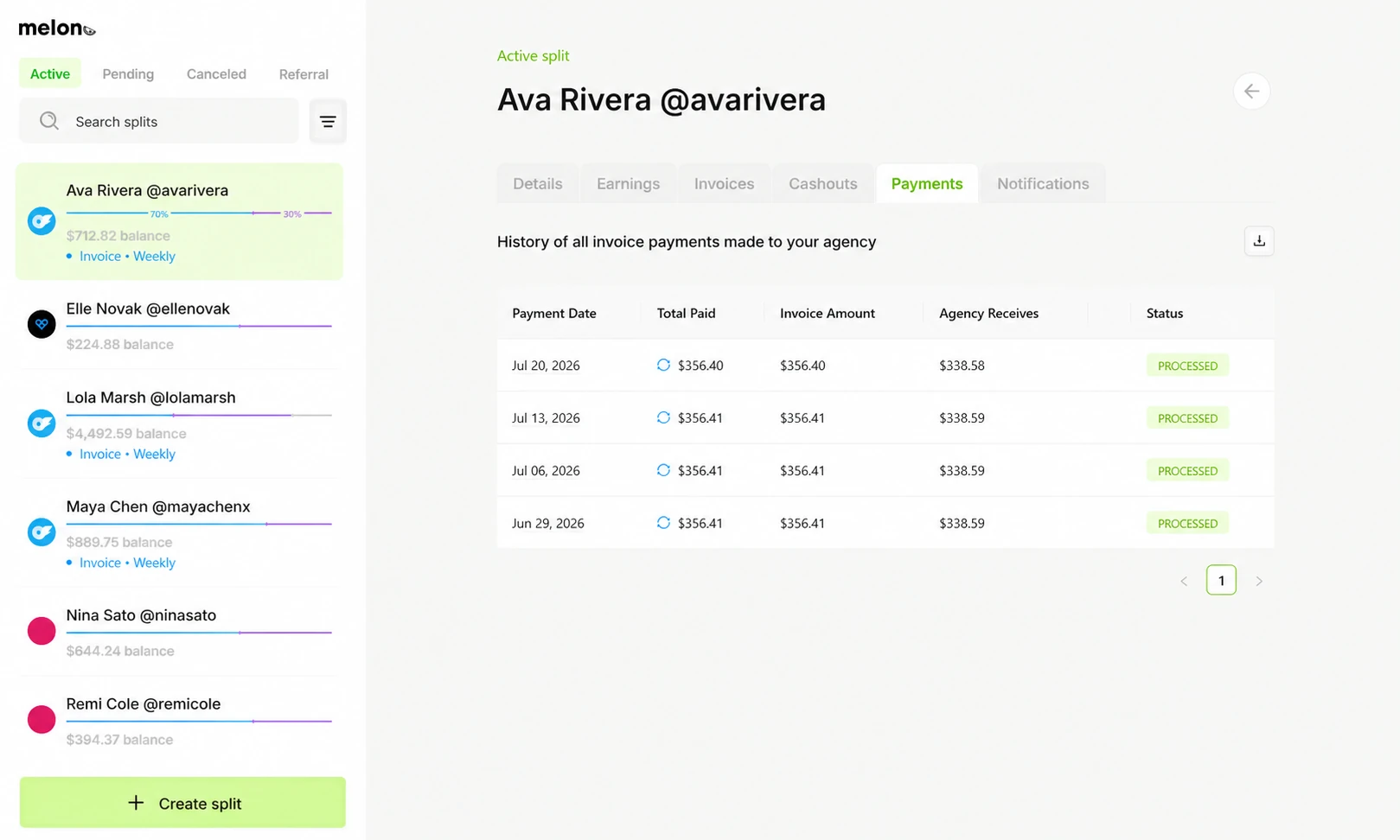 Melon payments dashboard