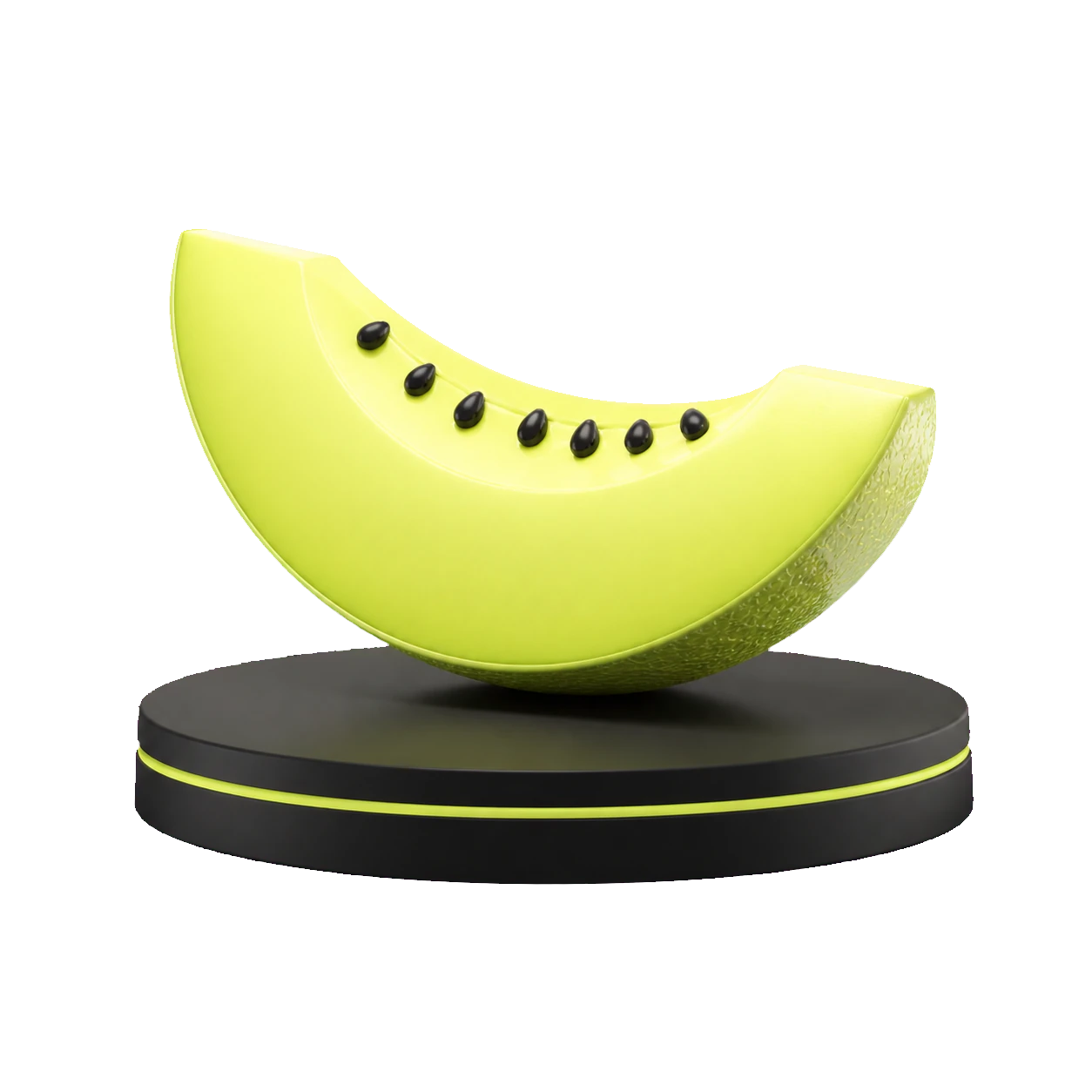 A bright melon wedge on a black pedestal
